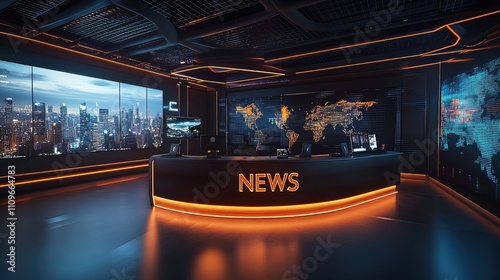 Futuristic newsroom preparing breaking news with cityscape on screen photo