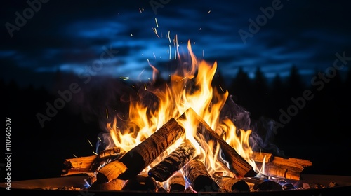 Dancing flames illuminate a serene night sky beside a cozy campfire. Generative AI