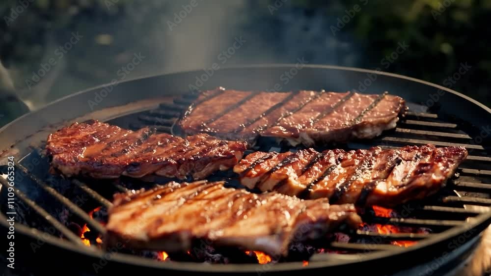 Three pieces of meat are being grilled on a grill. The grill is hot and the meat is browning Three pieces of meat are being grilled on a grill. The grill is hot and the meat is browning