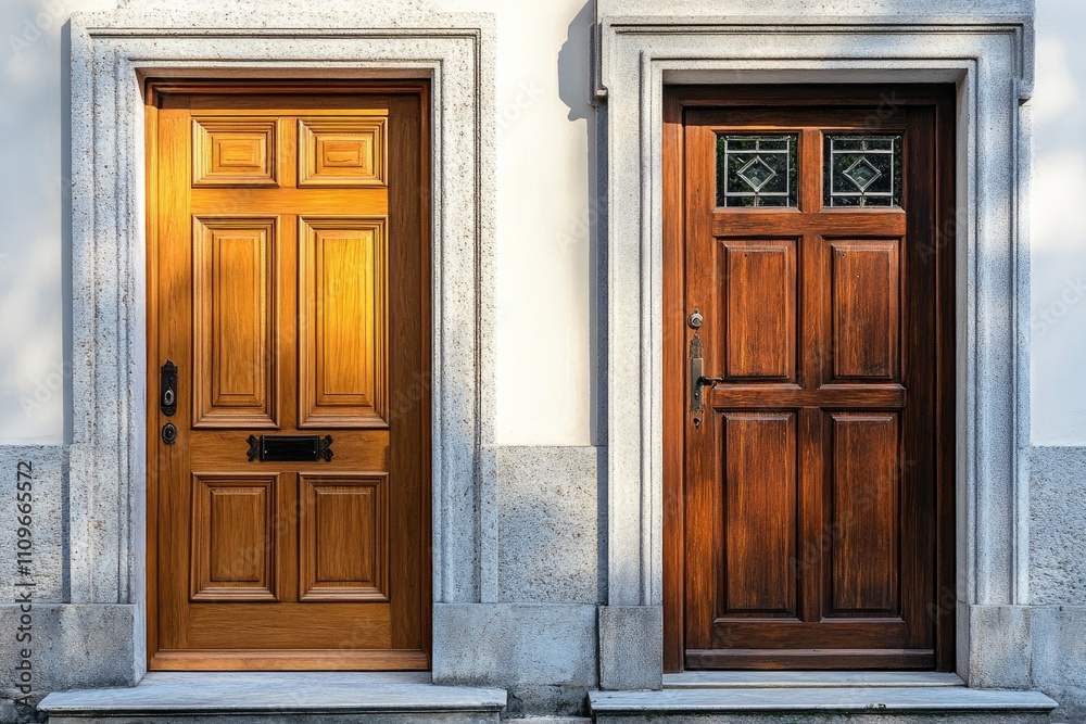 Two wooden front doors with climbing plants framing a building entrance Two wooden front doors with climbing plants framing a building entrance