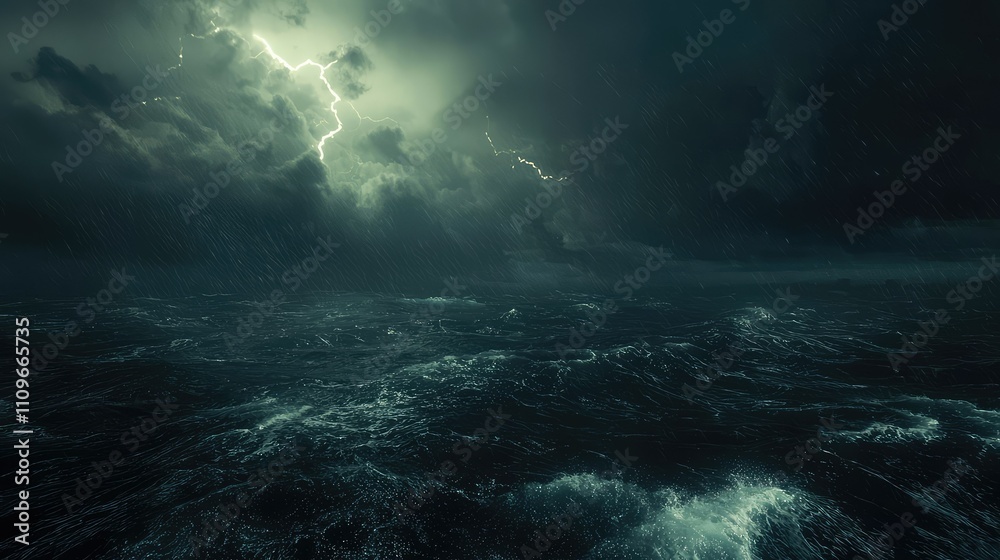 Fototapeta premium Dramatic Dark Storm Over Ocean with Lightning Striking the Sky and Tumultuous Waves Creating a Mysterious and Intense Atmosphere of Nature's Fury