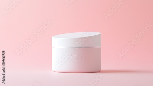 Elegant Cylindrical Skincare Cream Jar: Pearlescent White Ceramic with Magnetic Lid, Soft Lighting, and Minimalist Pastel Background for Luxury Cosmetic Packaging.