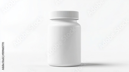 Frosted Translucent White Wellness Supplement Bottle: Clinical Studio Lighting, Child-Safe Cap, and Large Branding Zone on Pure White Background. Commercial Product Render.