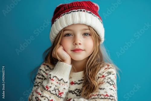 Cute little girl wearing winter clothes and resting chin on hand photo