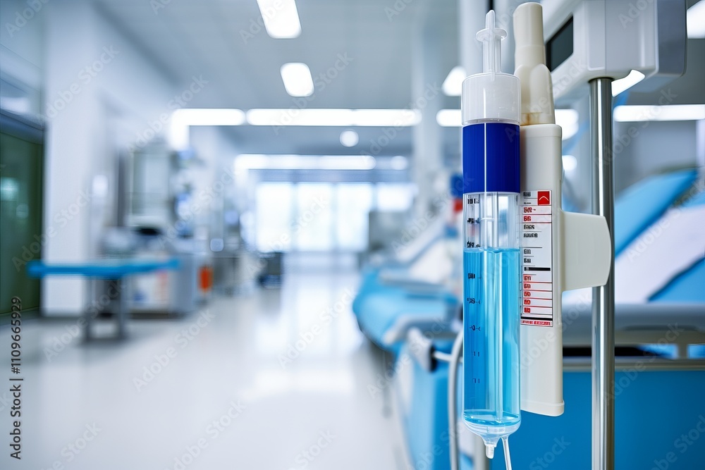 Intravenous drip in a modern hospital ward under bright fluorescent lights. Generative AI Intravenous drip in a modern hospital ward under bright fluorescent lights. Generative AI