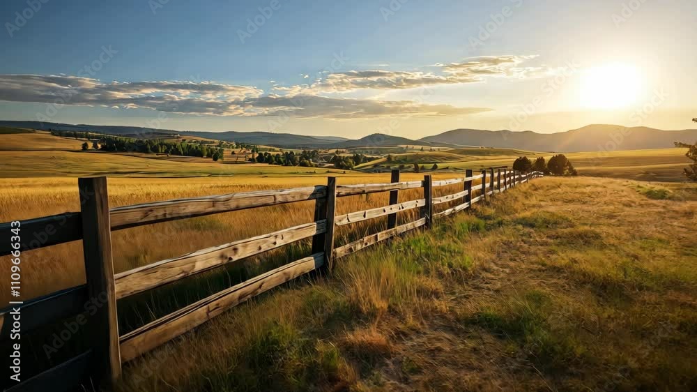 Sunset over the fields with a rustic wooden fence in the countryside Sunset over the fields with a rustic wooden fence in the countryside