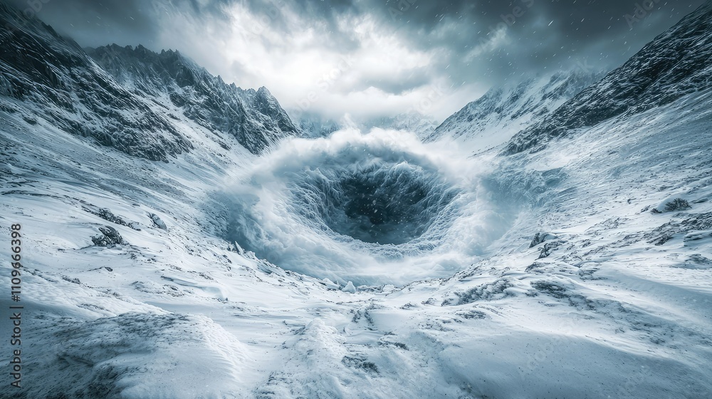 Obraz premium Majestic Glacial Abyss: A Mysterious Circular Vortex Surrounded by Snowy Mountains and Dramatic Clouds Under a Stark Sky in a Winter Wonderland
