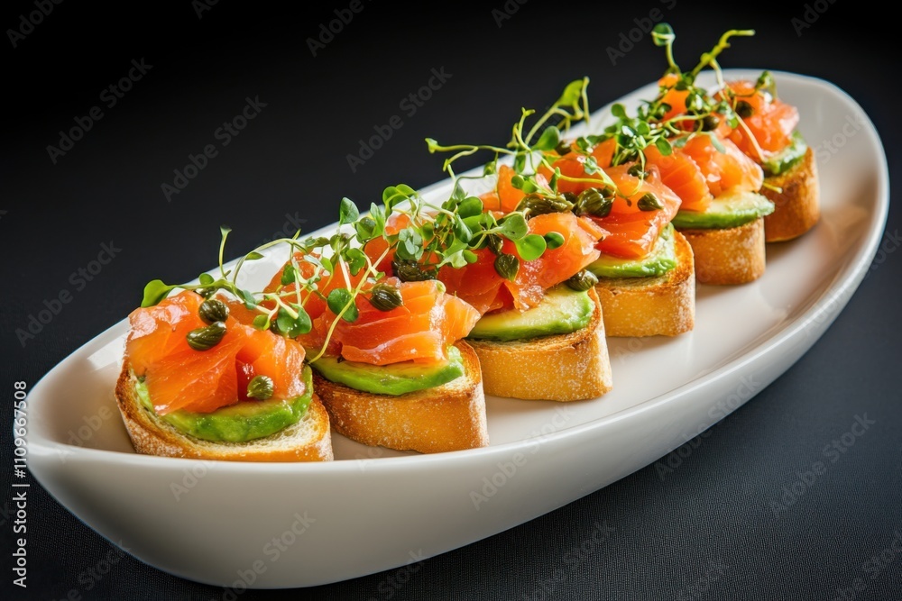 Elegant appetizer platter featuring toasted baguette slices with capers, smoked salmon, avocado, and microgreens Elegant appetizer platter featuring toasted baguette slices with capers, smoked salmon, avocado, and microgreens