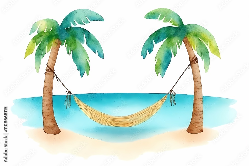 Relaxing Hammock Between Palm Trees on Tropical Beach Scene Relaxing Hammock Between Palm Trees on Tropical Beach Scene