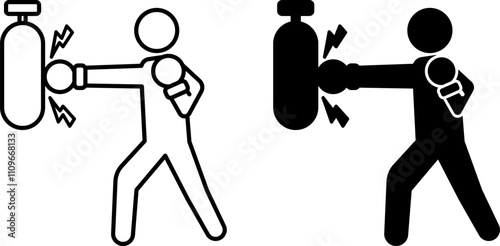 Sparring Icons. Black and White Vector Illustrations. Training Fight. Sportsman Hitting Punching Bag, Boxing. Boxer Wearing Gloves. Sports Concept