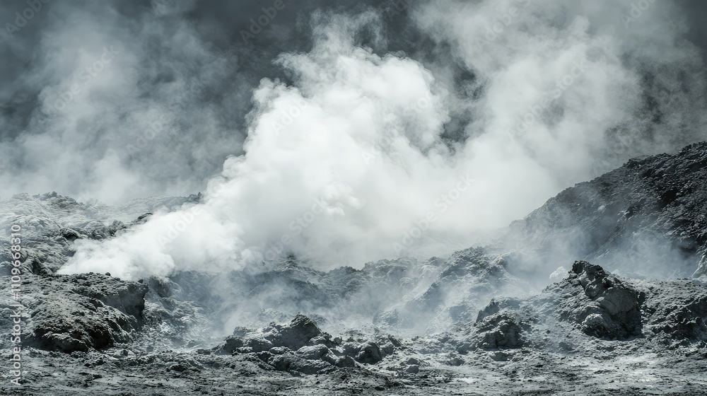 Obraz premium Dense billowing steam rising from rocky volcanic terrain, showcasing the raw power of nature in a dramatic, high-resolution landscape of geothermal activity captured in striking detail.