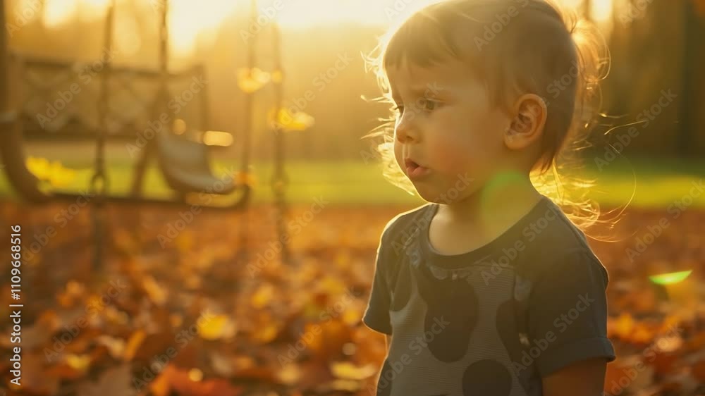Young child is standing in a field of autumn leaves. The child is wearing a blue shirt with a polka dot design Young child is standing in a field of autumn leaves. The child is wearing a blue shirt with a polka dot design