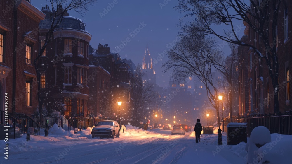 A Snowy Street in the City at Dusk with a Single Person Walking