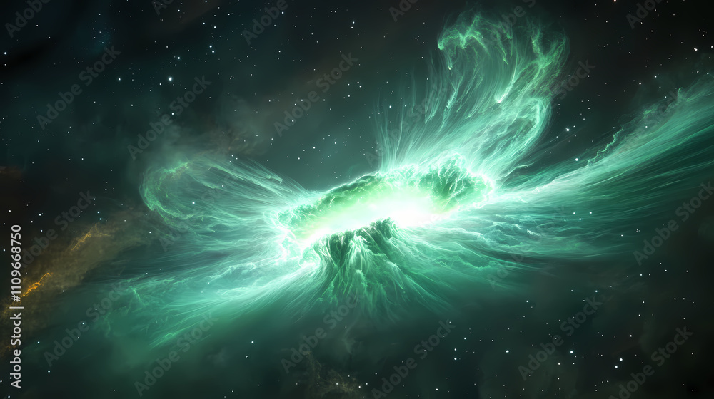 An interstellar plasma field glowing green in deep space. Plasma. Illustration An interstellar plasma field glowing green in deep space. Plasma. Illustration