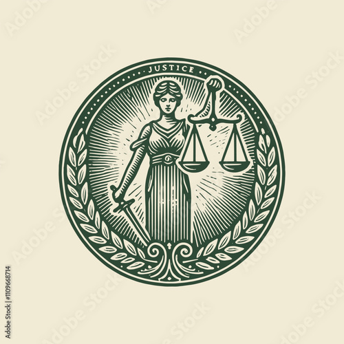Vintage-style emblem of Lady Justice holding scales and a sword, surrounded by a laurel wreath. Detailed engraving illustration, ideal for legal, judicial, or symbolic designs