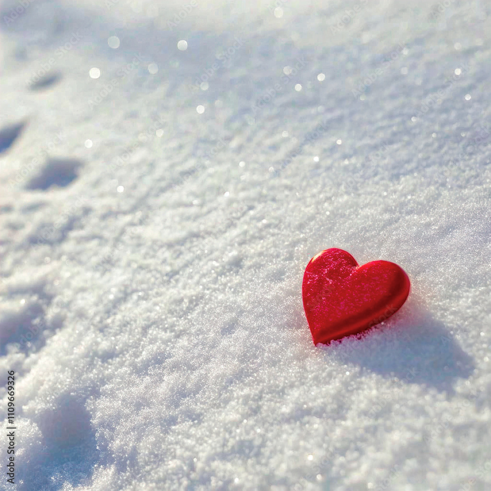 Fototapeta premium Red heart on a snowy background. Contrasting and romantic winter scenery.