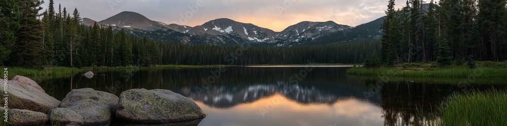 Serene sunset reflection over a tranquil lake surrounded by mountains and pine trees, perfect for cover banner or header Serene sunset reflection over a tranquil lake surrounded by mountains and pine trees, perfect for cover banner or header
