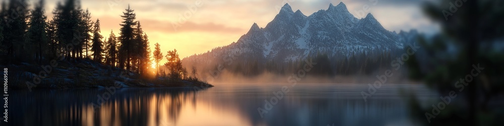 Sunrise over a tranquil lake surrounded by mountains and pine trees, perfect for cover banner or header