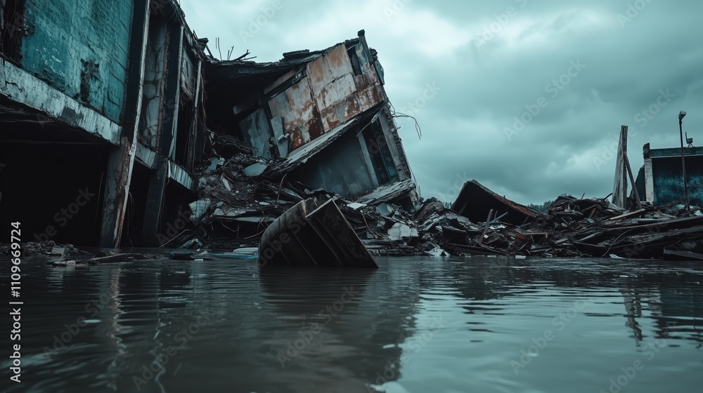 Urban flooding disaster: collapsed buildings and rising water amid stormy skies Urban flooding disaster: collapsed buildings and rising water amid stormy skies