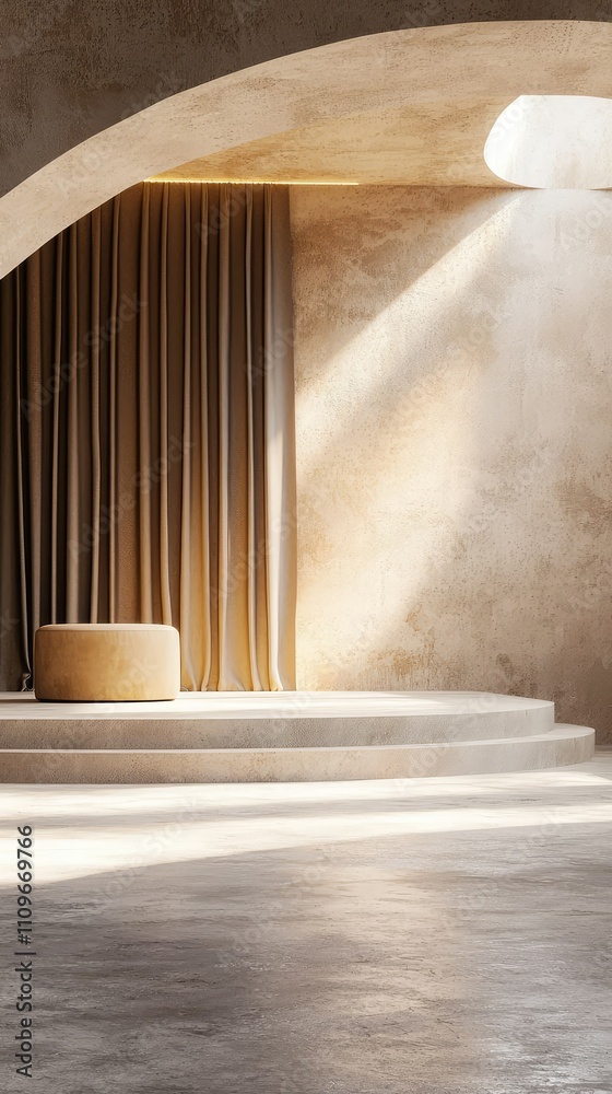 Soft Natural Light Streaming Through an Archway in a Minimalist Interior with Warm Textured Walls and Elegant Drapery, Creating a Calm Atmosphere