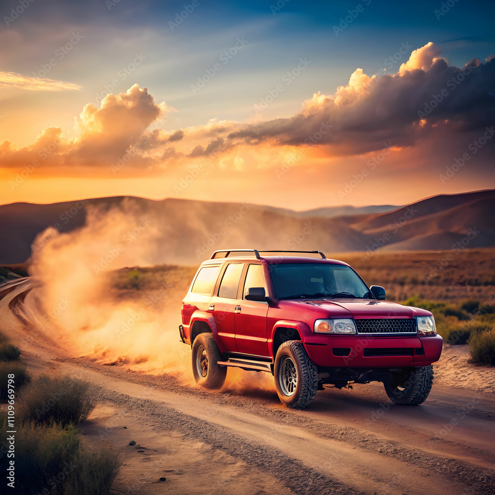 red off road car on a dusty road red off road car on a dusty road