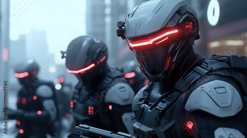 3D render of a dystopian future with robotic enforcers patrolling the streets