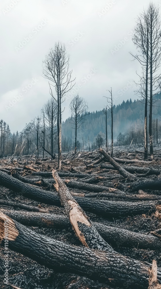 Obraz premium Aftermath of a Forest Fire: Charred Tree Stumps and Fallen Logs in a Devastated Landscape Under a Grey Overcast Sky