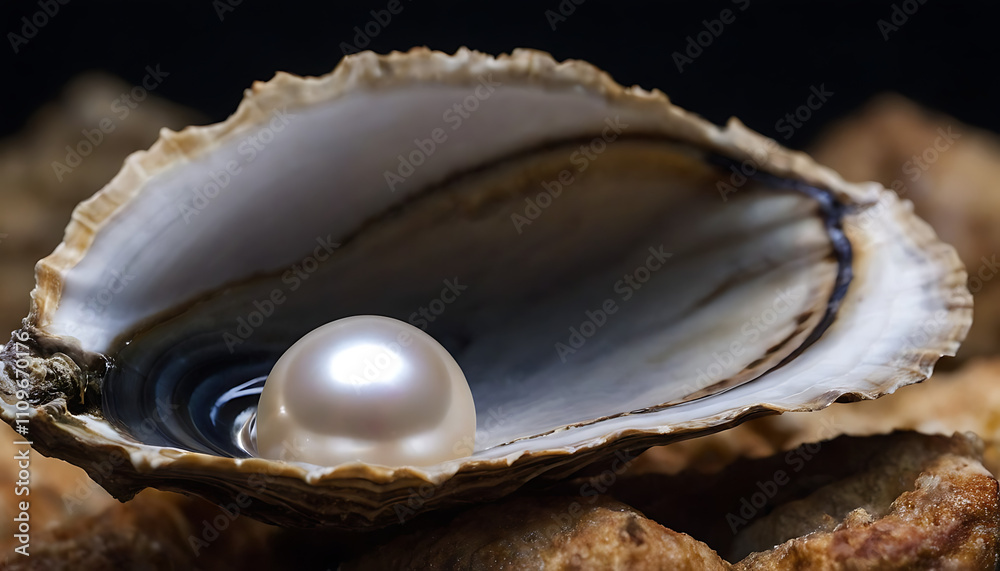 Bright white pearl showcased in an oyster shell.