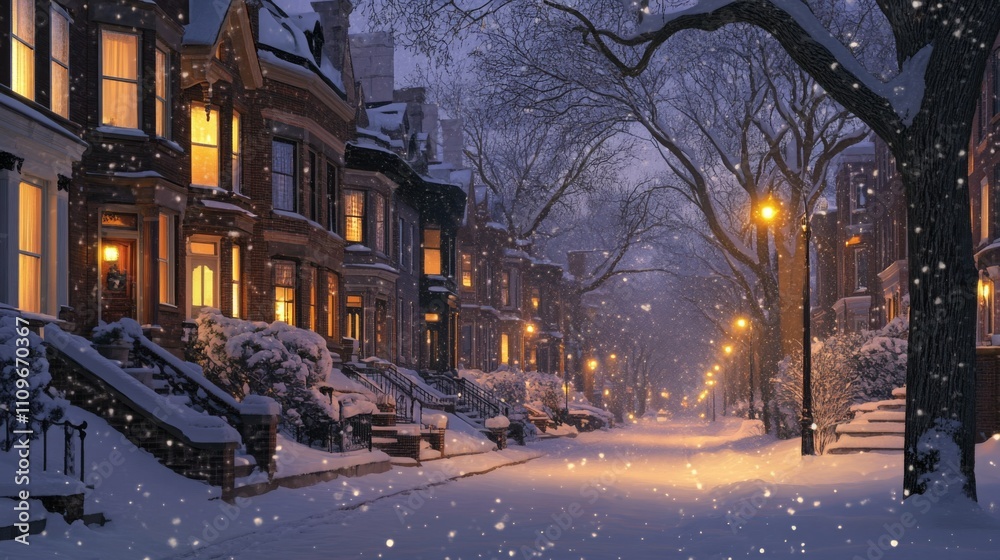 Snow-covered houses with warm windows on a quiet street Snow-covered houses with warm windows on a quiet street