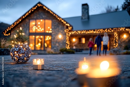  Casa iluminada con luces festivas mientras una familia se reúne al anochecer en el patio.
 photo