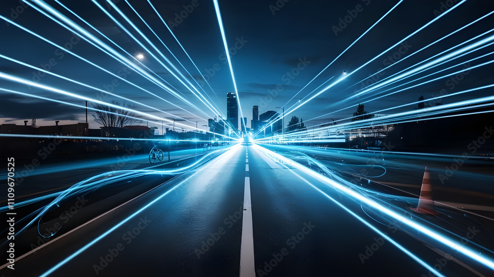 Abstract road with blue light trails, symbolizing data speed and digitization. Abstract road with blue light trails, symbolizing data speed and digitization.