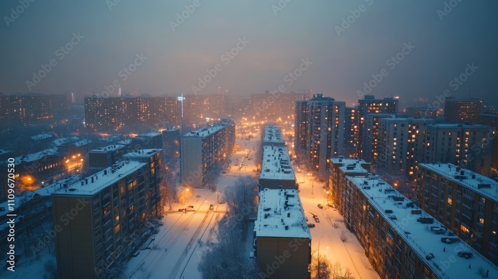 Fototapeta premium Aerial view of a snow-covered city at night with streetlights illuminating the buildings and streets.