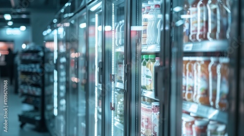 Row of refrigerated shelves with drinks and juices in a modern supermarket photo