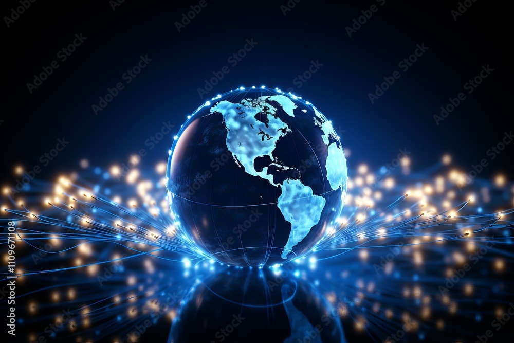 Digital representation of Earth with glowing connections and streaming lights. Generative AI Digital representation of Earth with glowing connections and streaming lights. Generative AI