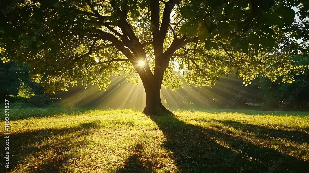 Majestic Tree Bathed in Sunlight with Rays Peeking Through Leaves, Illuminating a Serene Landscape for Nature and Outdoor Photography Majestic Tree Bathed in Sunlight with Rays Peeking Through Leaves, Illuminating a Serene Landscape for Nature and Outdoor Photography