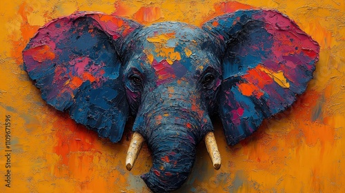 Abstract elephant portrait with deep blues, reds, and orange hues, featuring thick textured brushstrokes and bold color contrasts for an intense artistic effect. AI generated. photo