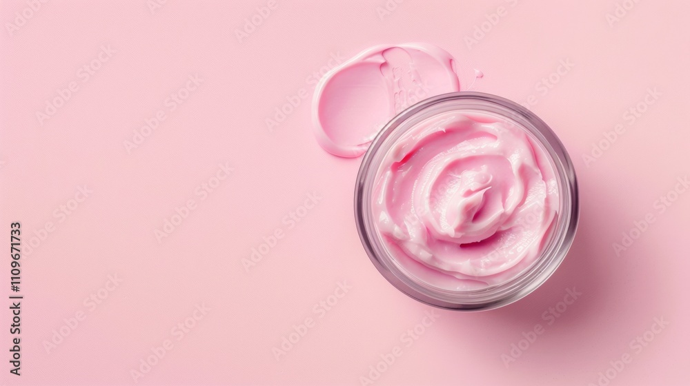 Pink cosmetic cream in a jar on a pastel pink background Pink cosmetic cream in a jar on a pastel pink background