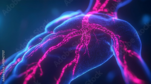 A close-up view of glowing magenta arteries within a vibrant anatomical framework, highlighting blood flow pathways. photo