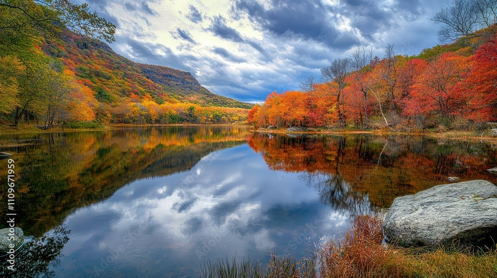 Serene Autumn Landscape with Vibrant Fall Foliage Reflecting on Calm Lake Surface Beneath Dramatic Cloudy Sky in Tranquil Natural Setting Serene Autumn Landscape with Vibrant Fall Foliage Reflecting on Calm Lake Surface Beneath Dramatic Cloudy Sky in Tranquil Natural Setting