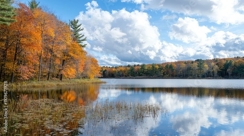 Stunning Autumn Landscape Reflecting Colorful Leaves on Calm Lake Under Bright Blue Sky with Fluffy Clouds and Lush Pine Trees Surrounding the Water