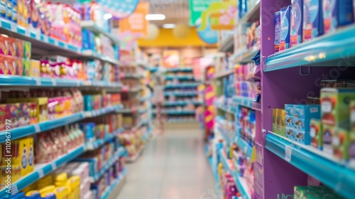 Blurred supermarket aisle with colorful product shelves