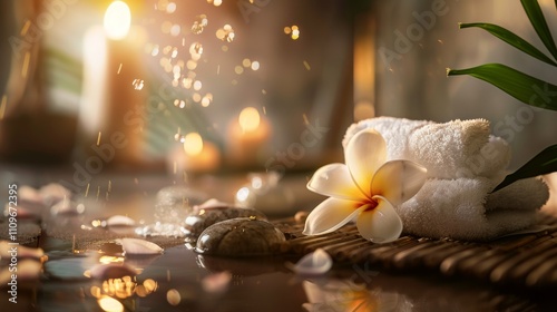 Spa setting with towels, flower, and candles in soft light