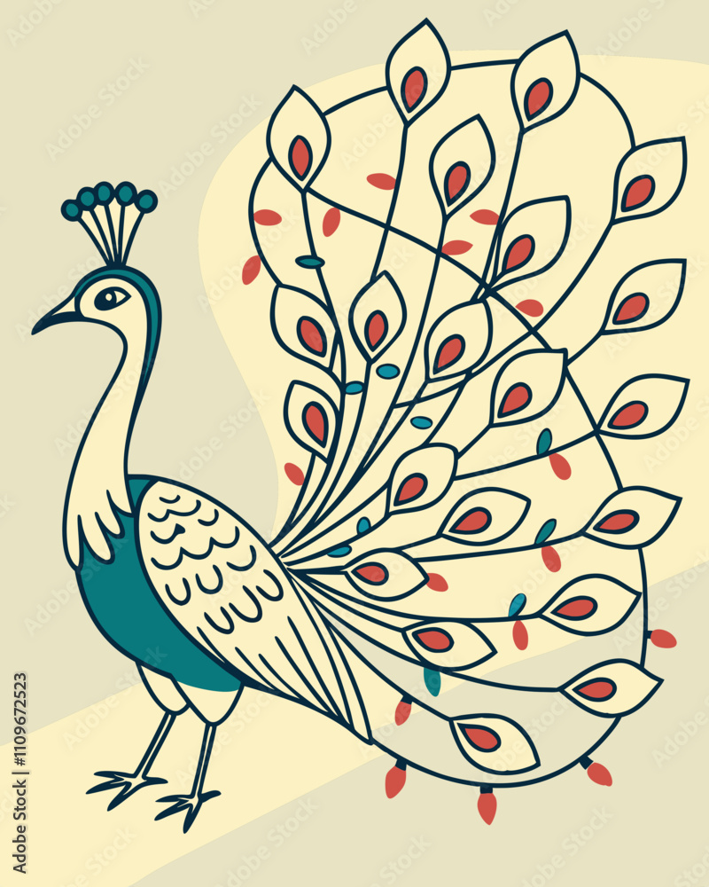 Fototapeta premium Peacock Illustration: A vibrant peacock with its tail feathers spread in a beautiful illustration. The peacock is drawn in a modern, abstract style with a simple background.