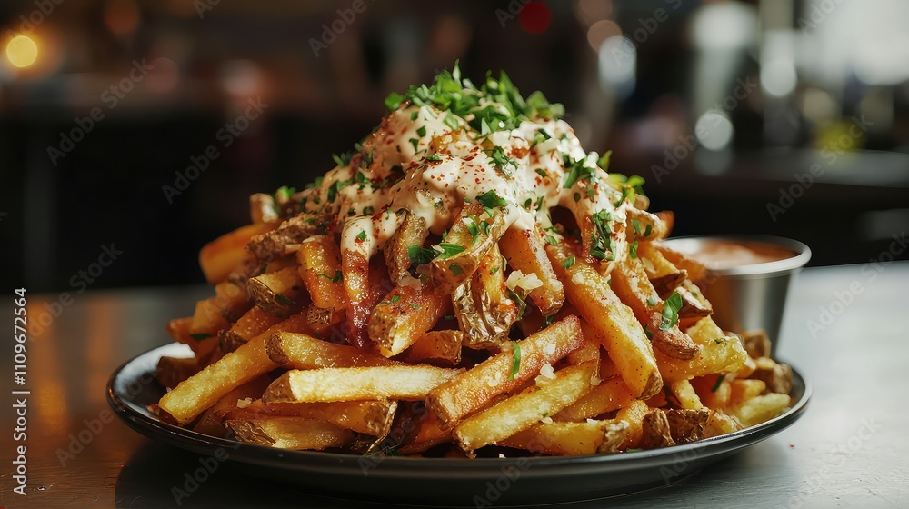 Pile of Crispy Golden French Fries Topped with Flavorful Sauce and Fresh Herbs in a Stylish Restaurant Setting for Food Photography Pile of Crispy Golden French Fries Topped with Flavorful Sauce and Fresh Herbs in a Stylish Restaurant Setting for Food Photography