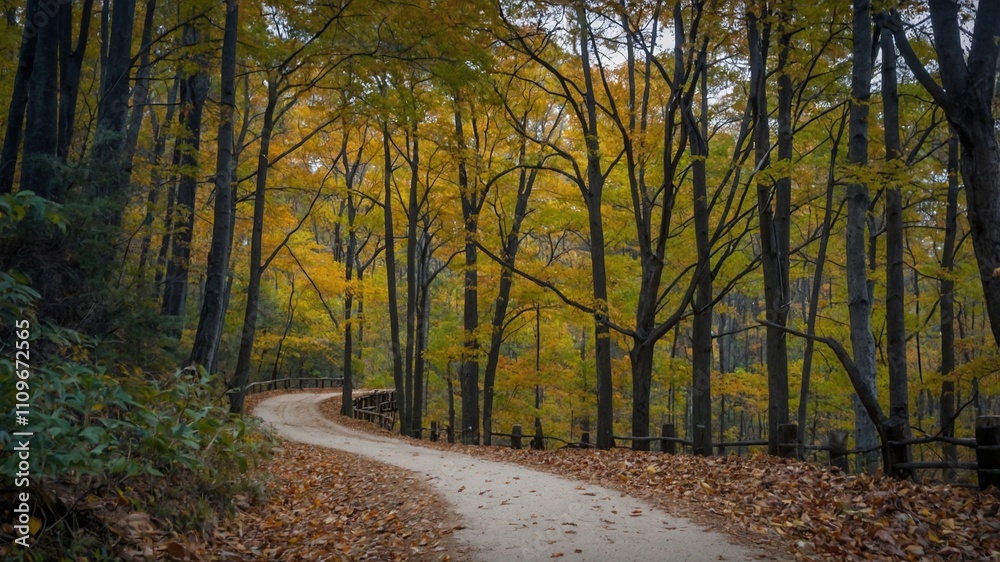 Camino serpenteante en un bosque verde, con luz del sol iluminando el follaje y los árboles altos Camino serpenteante en un bosque verde, con luz del sol iluminando el follaje y los árboles altos