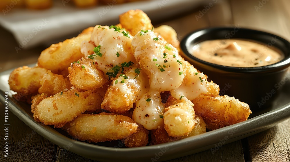 Crispy Fried Potato Sticks Served with Savory Dipping Sauce on a Wooden Table in a Rustic Setting, Perfect for Food Lovers and Recipes. Crispy Fried Potato Sticks Served with Savory Dipping Sauce on a Wooden Table in a Rustic Setting, Perfect for Food Lovers and Recipes.