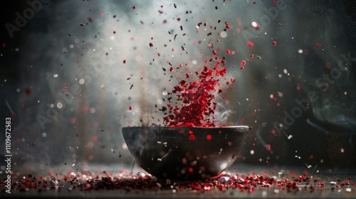 Exploding red spices in a dark bowl with dramatic lighting