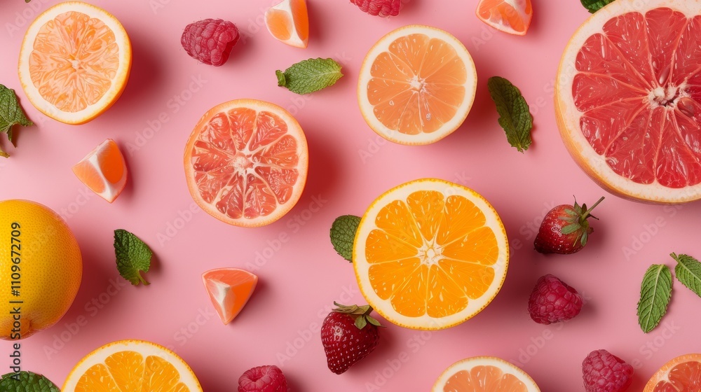 Colorful flat lay of citrus fruits, berries, and mint leaves Colorful flat lay of citrus fruits, berries, and mint leaves