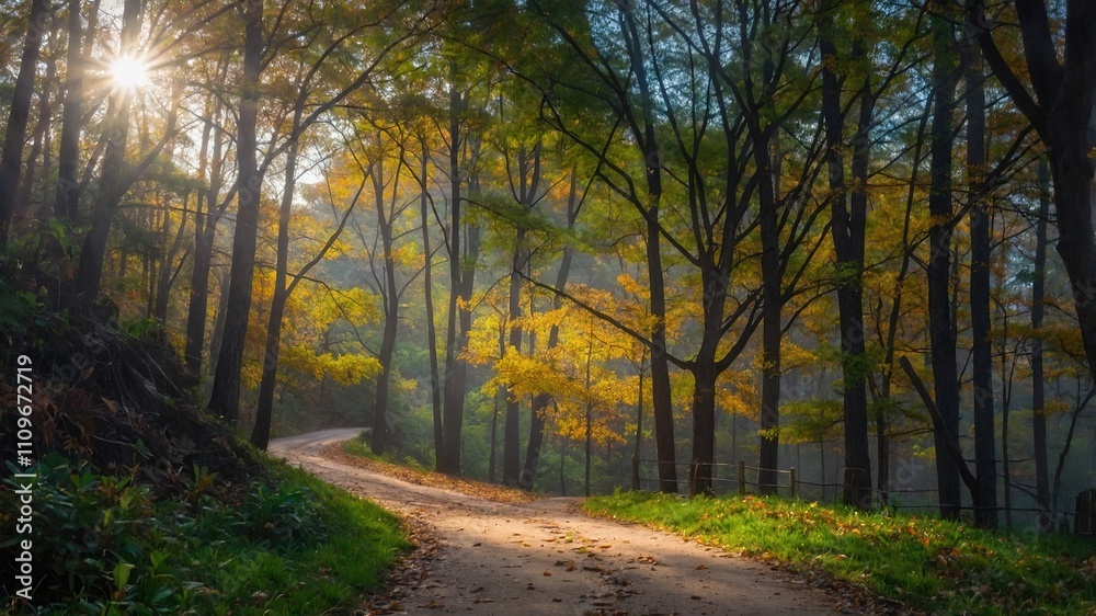 Sendero en un bosque frondoso con luz del sol iluminando el follaje verde y los árboles altos Sendero en un bosque frondoso con luz del sol iluminando el follaje verde y los árboles altos
