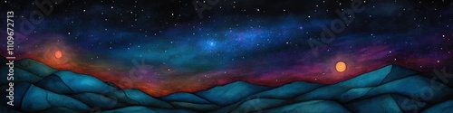 A vibrant night sky filled with stars over serene, stylized mountains in blues and purples, perfect for cover banner or header